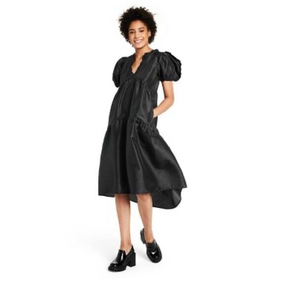 Kika Vargas x Target Black Tiered Ruffle Edge Puff Sleeve Midi Dress 3X - Picture 3 of 6